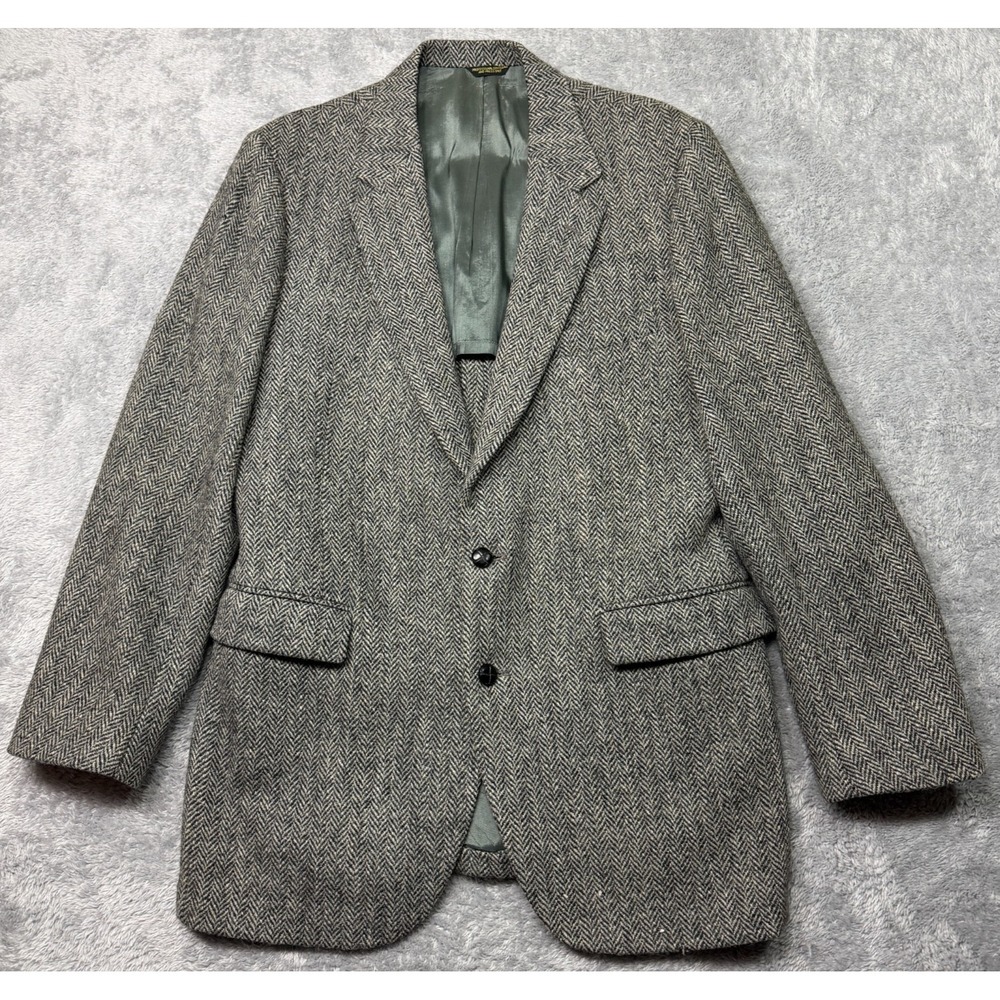 Harris Tweed Blazer Jacket Mens 42L Gray Herringbone Scottish‎ Wool Classic Fit